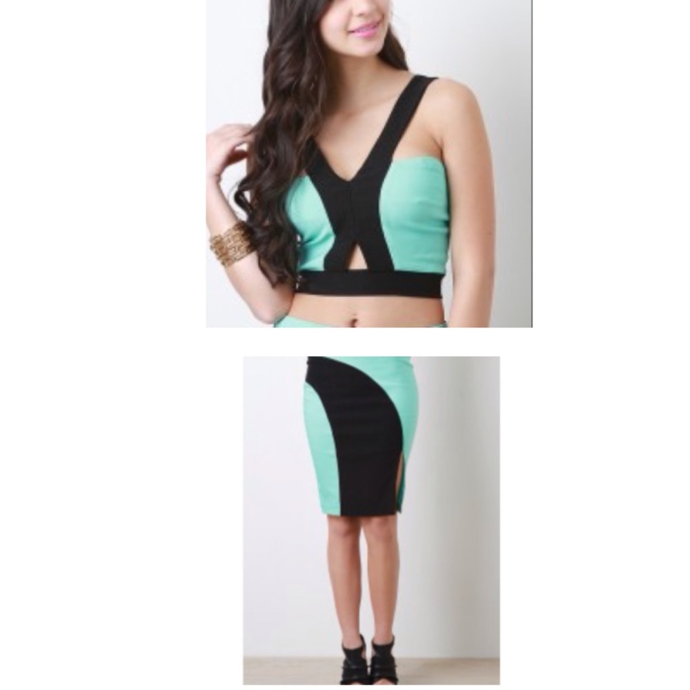 NEW Women's 2 piece Skirt  midi suit set  cropped Open Top Stretch  black M / L